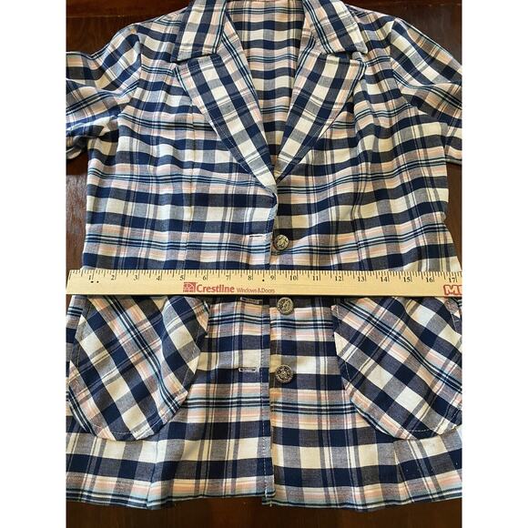 Avon Family Fashions Plaid Linen Open Jacket VTG Button Up Pink & Blue Cottage - Picture 9 of 11
